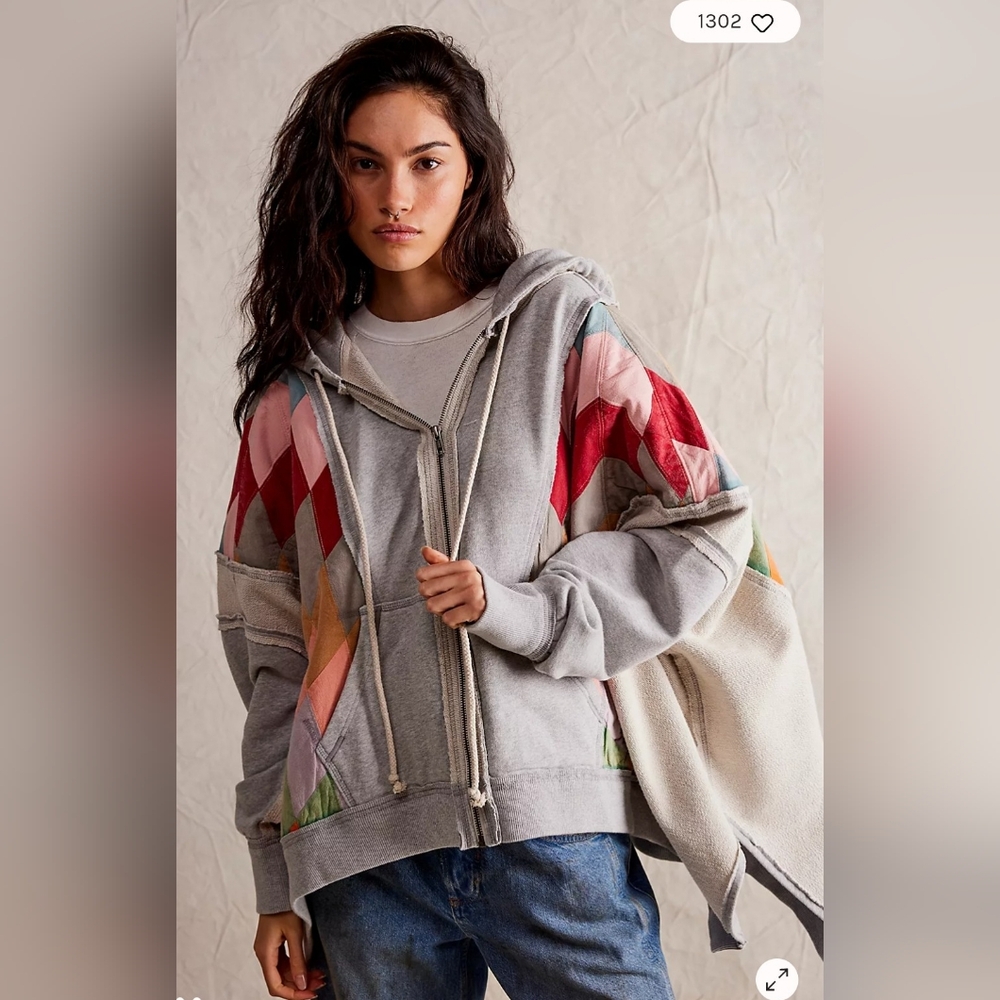 We The Free Light Gray Zip Hoodie with Multicolor Diamond Panels
